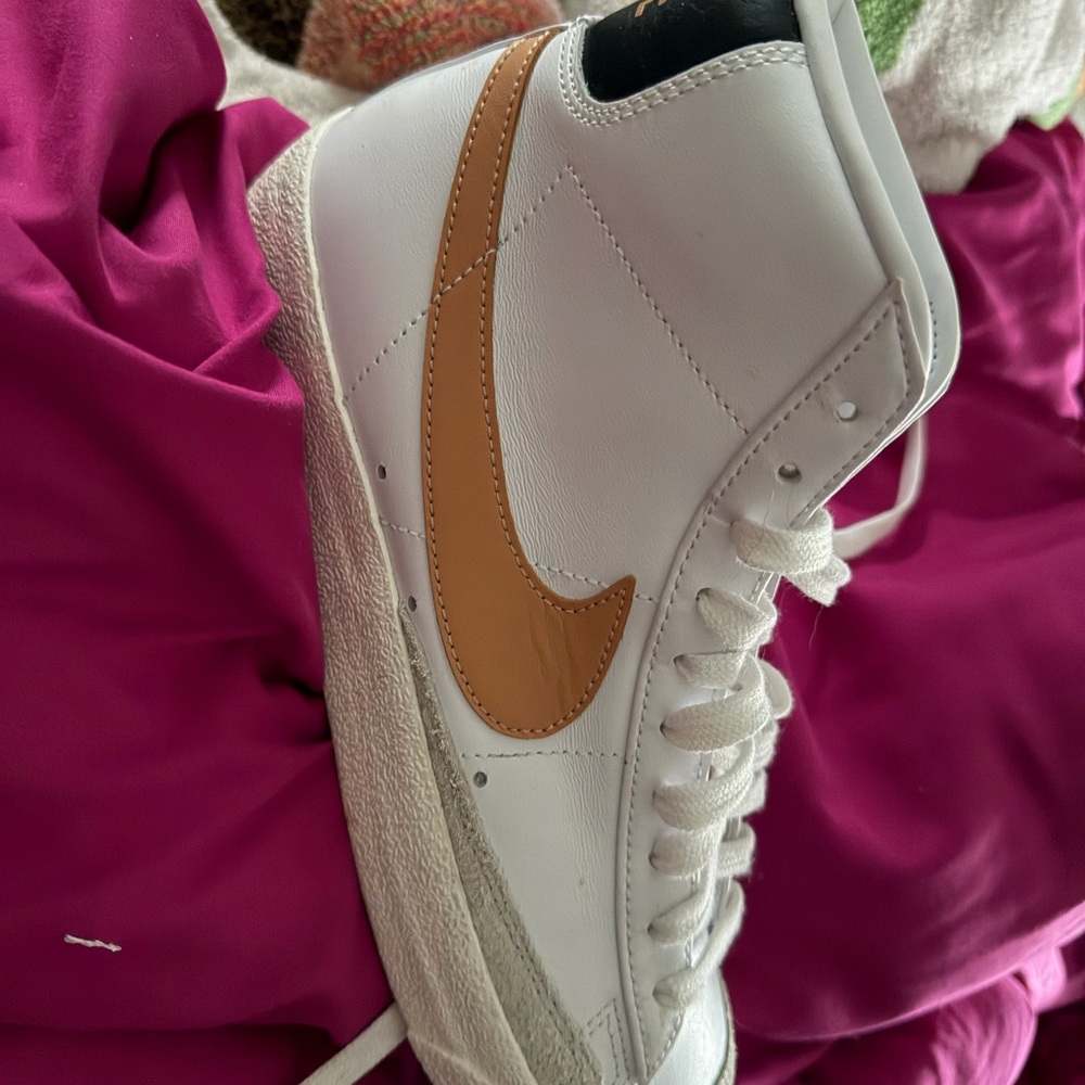 Nike White High-Top Sneaker with Tan Swoosh